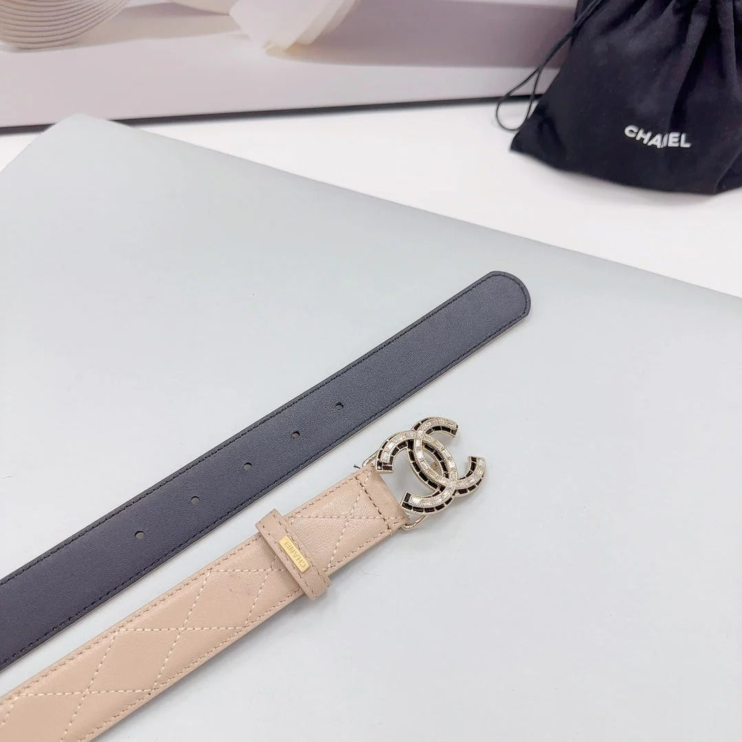CC 30MM BELT IN BEIGE CREAM EMBROIDERED CALFSKIN METAL HARDWARE