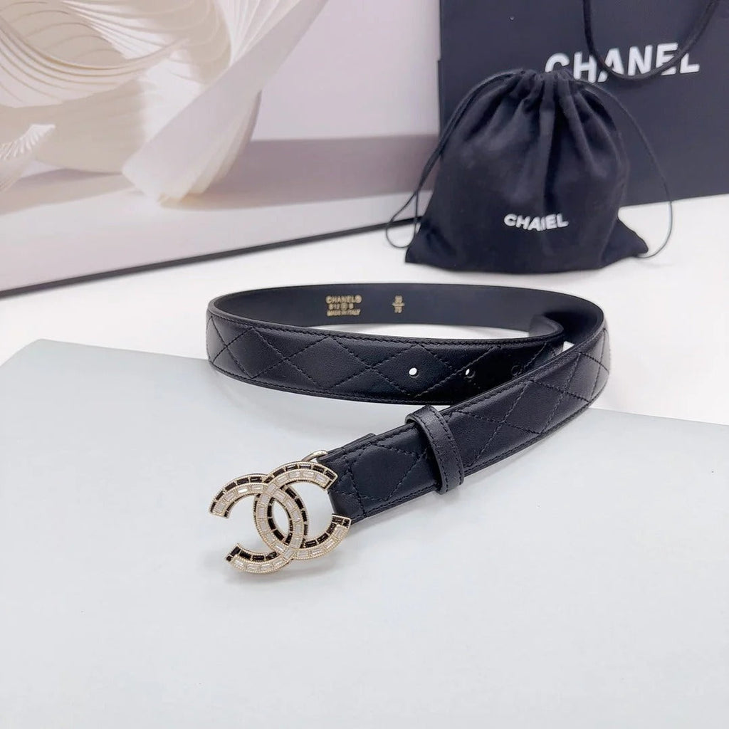 CC 30MM BELT IN BLACK EMBROIDERED CALFSKIN GOLD HARDWARE