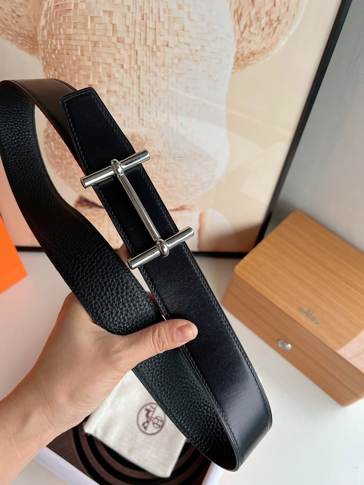 HM H D'ANCRE BELT BUCKLE & REVERSIBLE BLACK LEATHER STRAP 38 MM SILVER HARDWARE