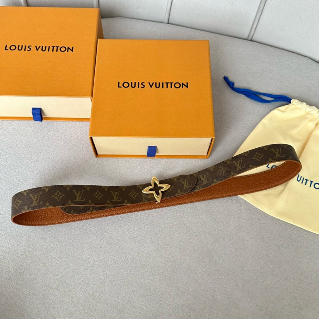 LV  MINI FLOWERGRAM 30MM REVERSIBLE BELT IN BRONZE BROWN EMBOSSED CALFSKIN GOLD HARDWARE
