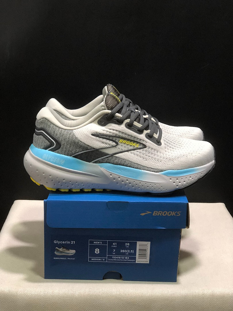 Brooks Glycerin 21 Neutral Road Running Shoes White Grey Blue Yellow
