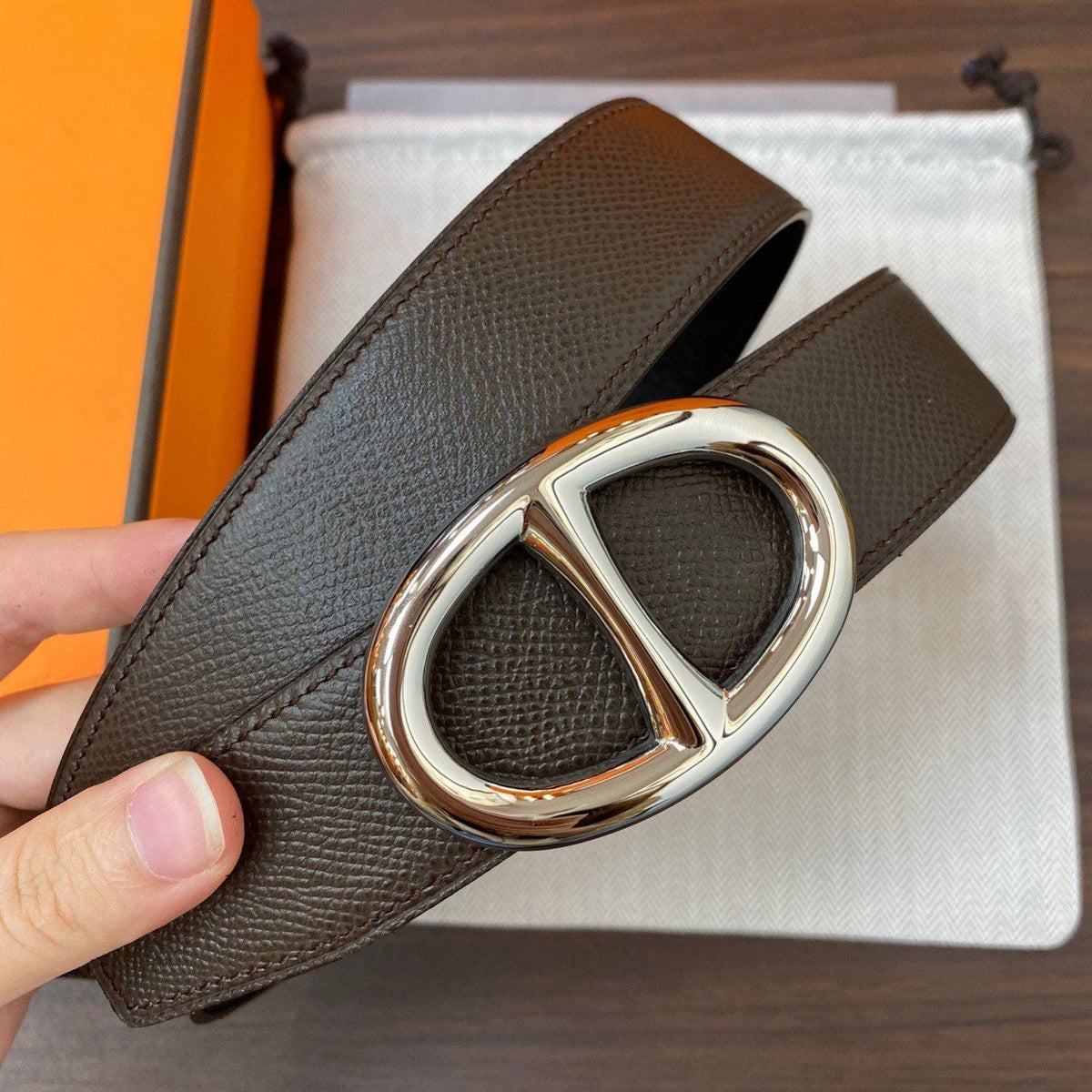 H TWIN REVERSIBLE BELT 32MM SILVER BUCKLE CHOCOLATE BLACK  LEATHER