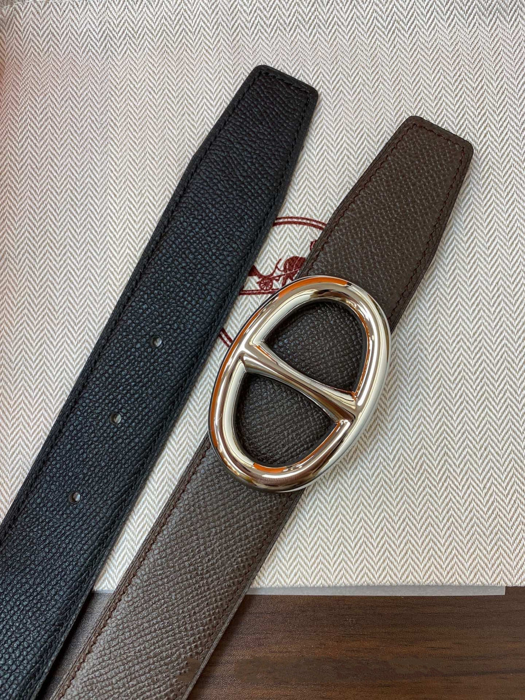 H TWIN REVERSIBLE BELT 32MM SILVER BUCKLE CHOCOLATE BLACK  LEATHER