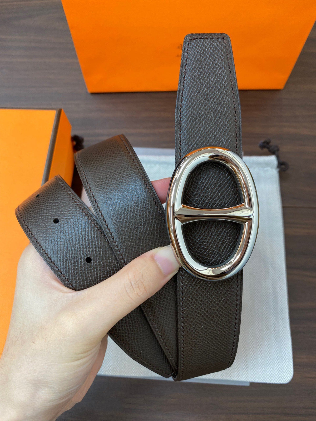 H TWIN REVERSIBLE BELT 32MM SILVER BUCKLE CHOCOLATE BLACK  LEATHER