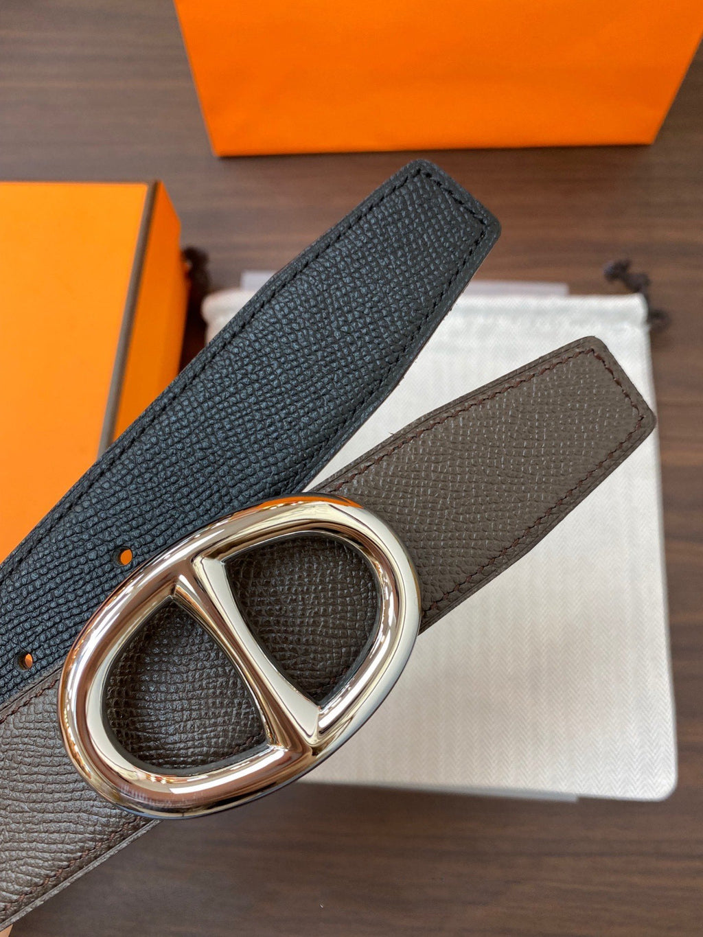 H TWIN REVERSIBLE BELT 32MM SILVER BUCKLE CHOCOLATE BLACK  LEATHER