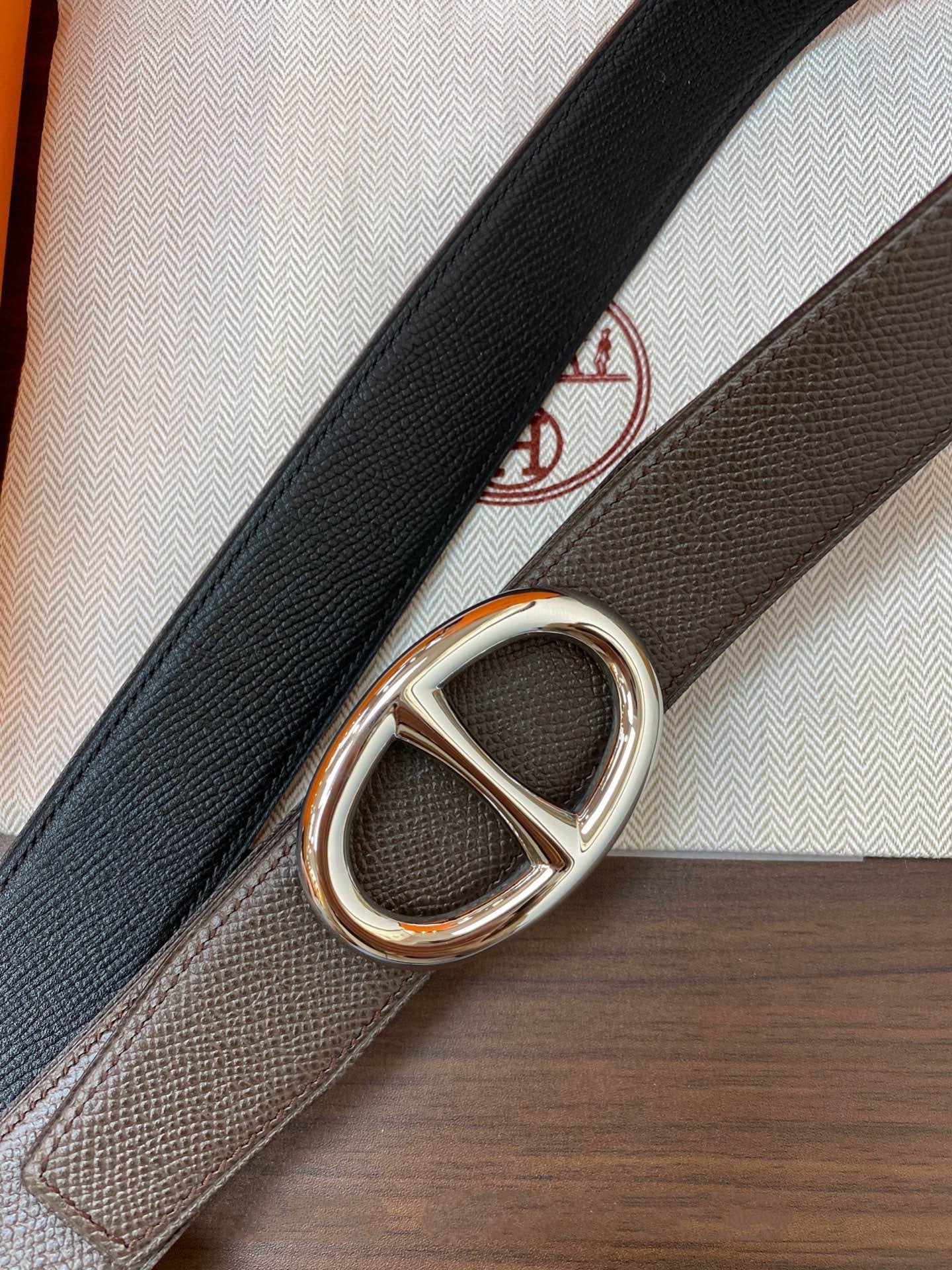 H TWIN REVERSIBLE BELT 32MM SILVER BUCKLE CHOCOLATE BLACK  LEATHER