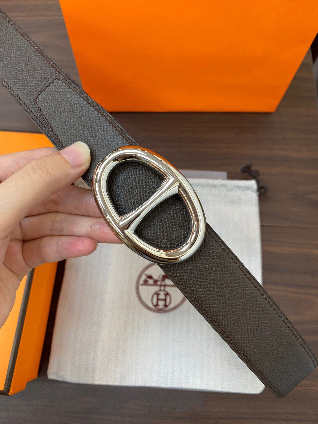 H TWIN REVERSIBLE BELT 32MM SILVER BUCKLE CHOCOLATE BLACK  LEATHER