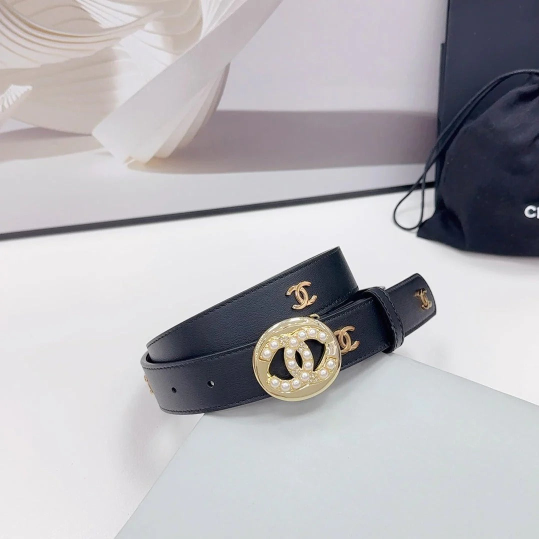 CC 30MM BELT IN BLACK CALFSKIN GOLD HARDWARE ATTACH PEARLS