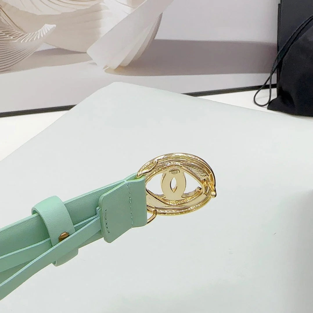 CC 30MM BELT IN GREEN MINT CALFSKIN GOLD HARDWARE ATTACH PEARLS