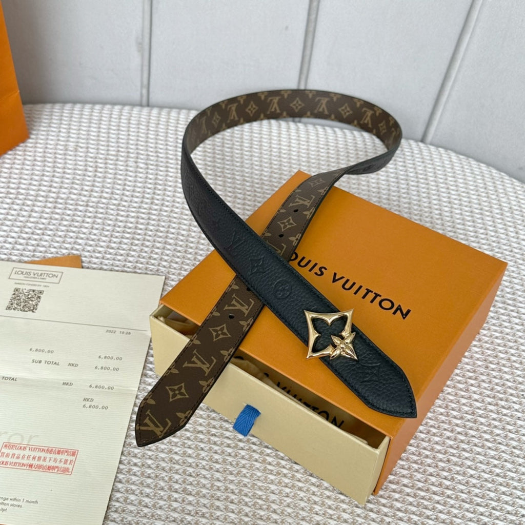 LV FLOWERGRAM 30MM REVERSIBLE BELT IN BLACK EMBOSSED CALFSKIN GOLD HARDWARE