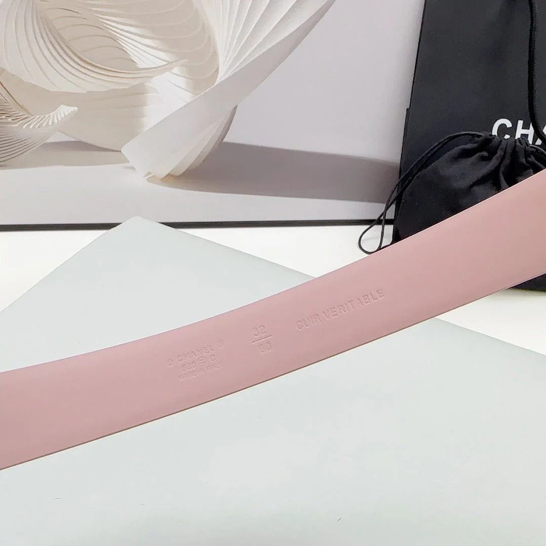 CC 30MM BELT IN FLAMINGO PINK CALFSKIN SILVER HARDWARE ATTACH PEARLS