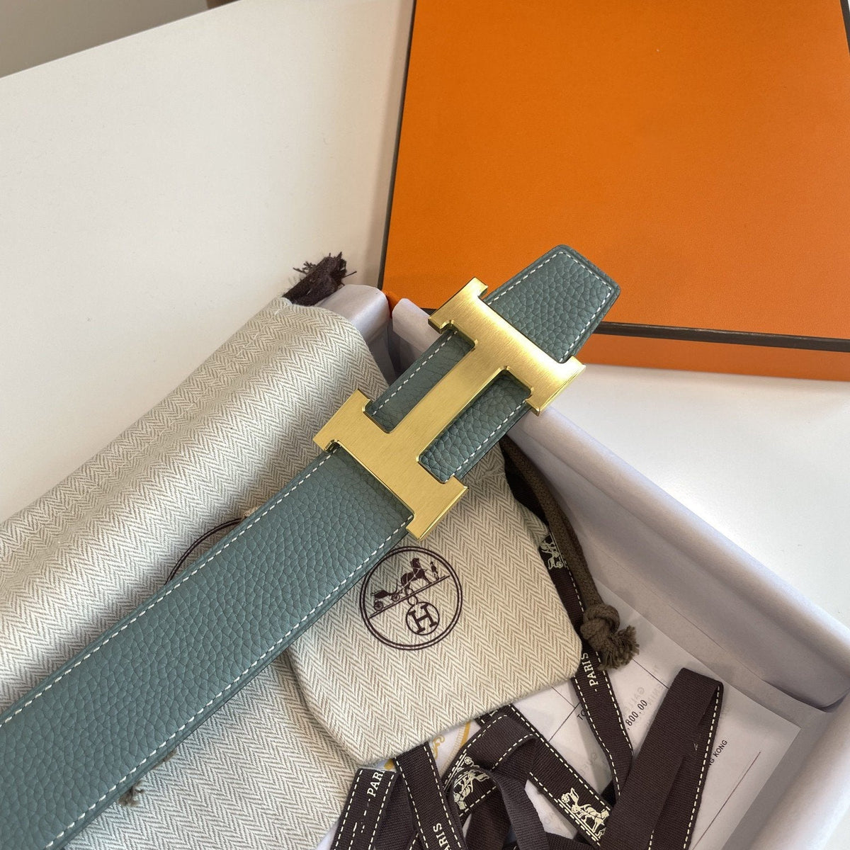 H CONTANCE BELT 38MM GOLD BUCKLE BLACK SKY BLUE LEATHER