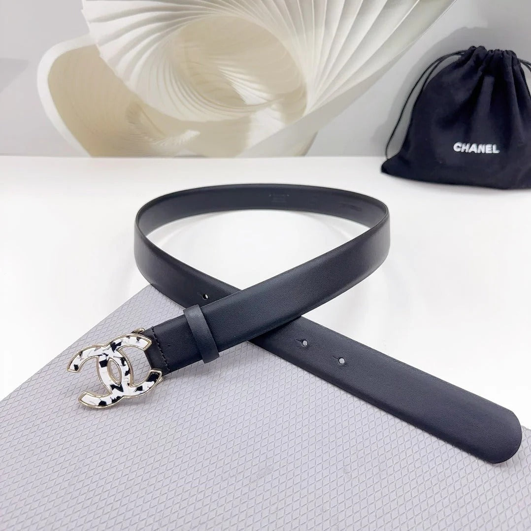 CC 30MM BELT IN BLACK SHINNY CALFSKIN WHITE LOGO