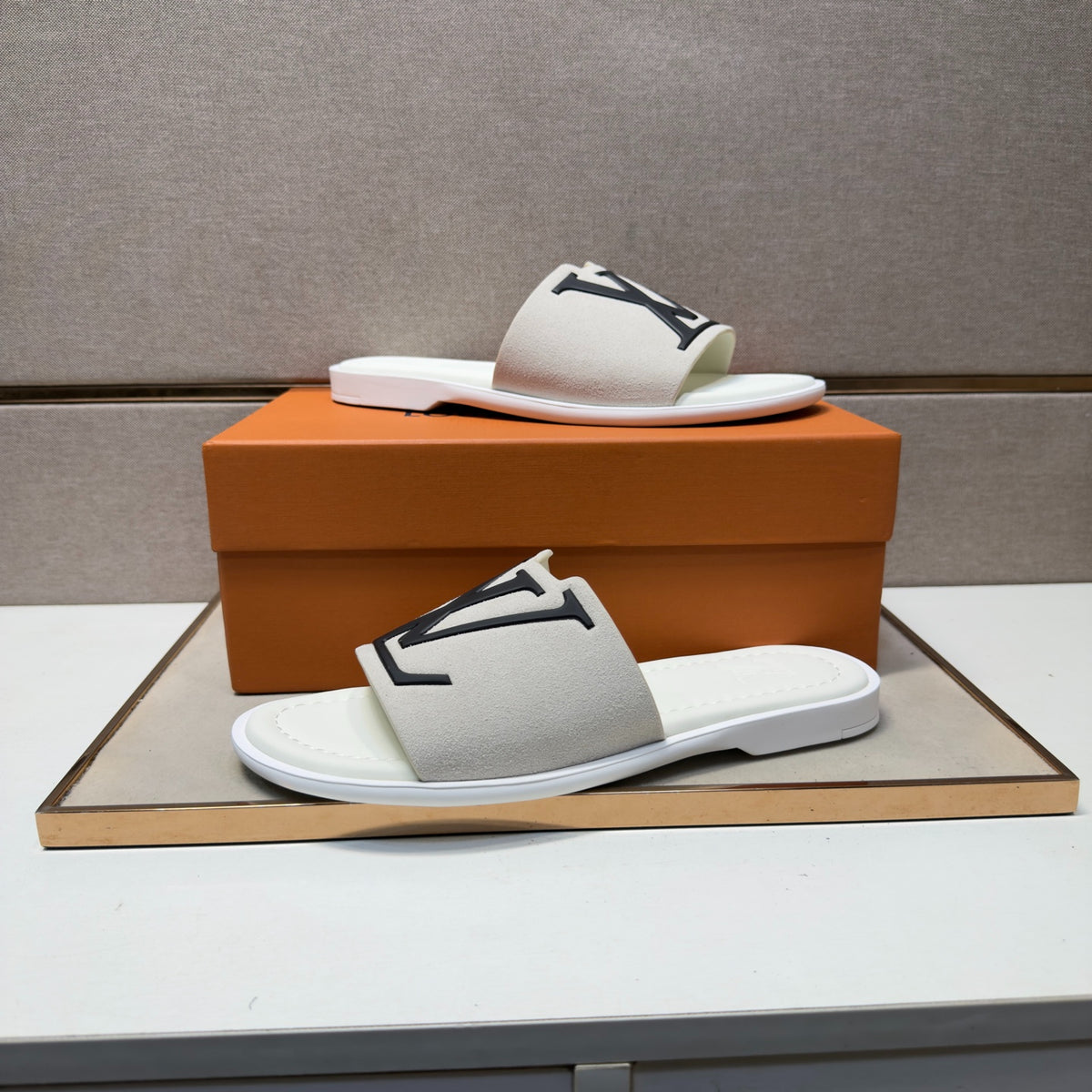 Louis Vuitton Men's White Suede Slide Sandals