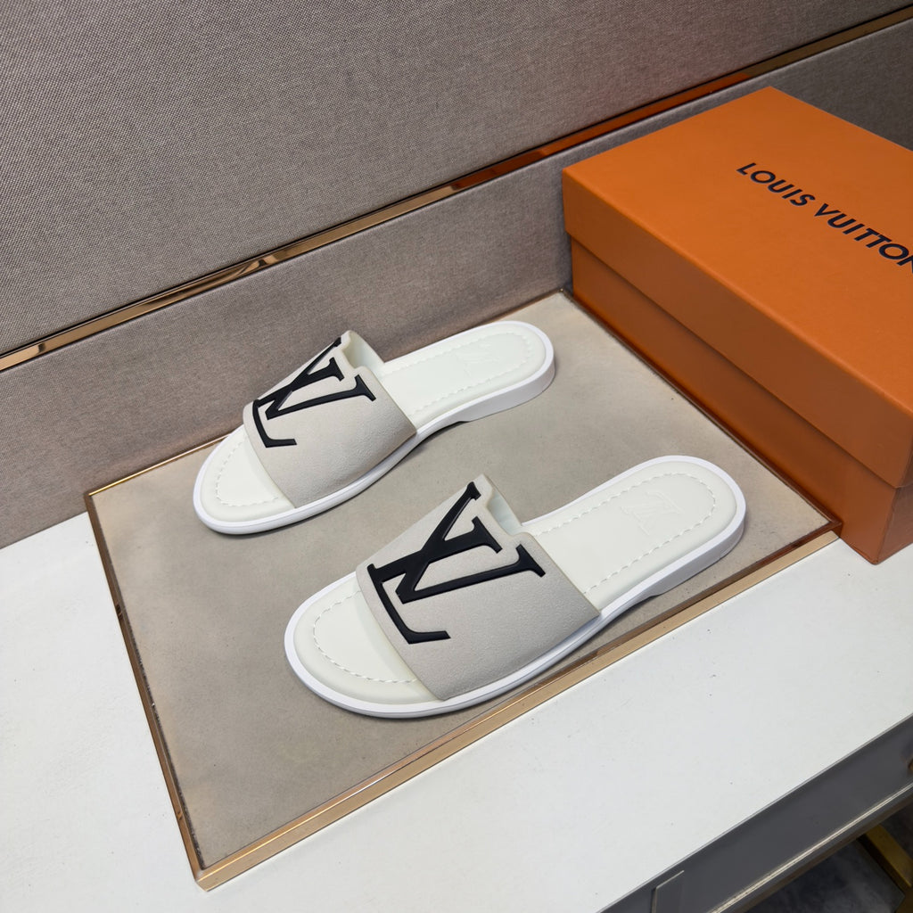 Louis Vuitton Men's White Suede Slide Sandals