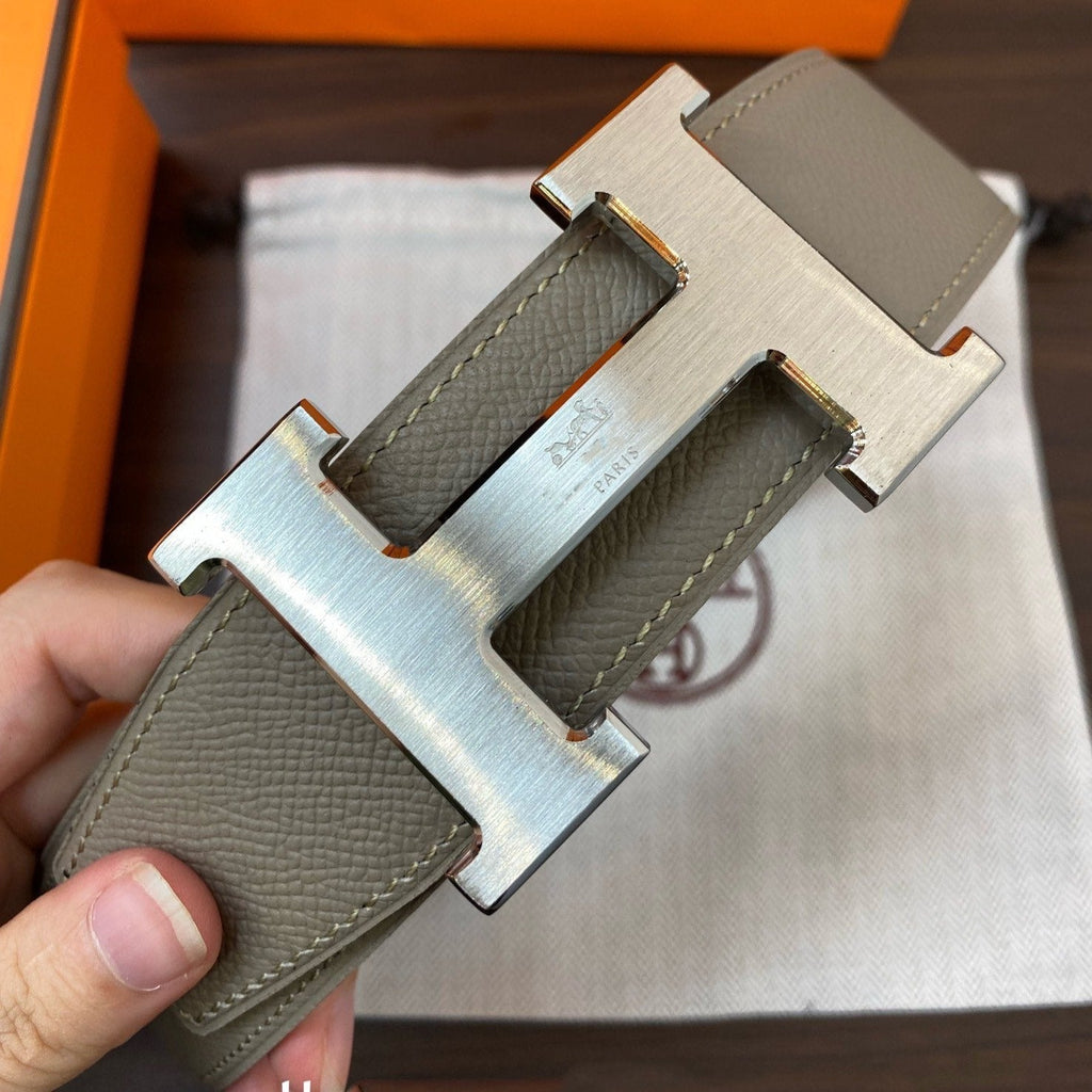 H CONTANCE BELT 38MM SILVER BUCKLE BLACK TAUPE LEATHER