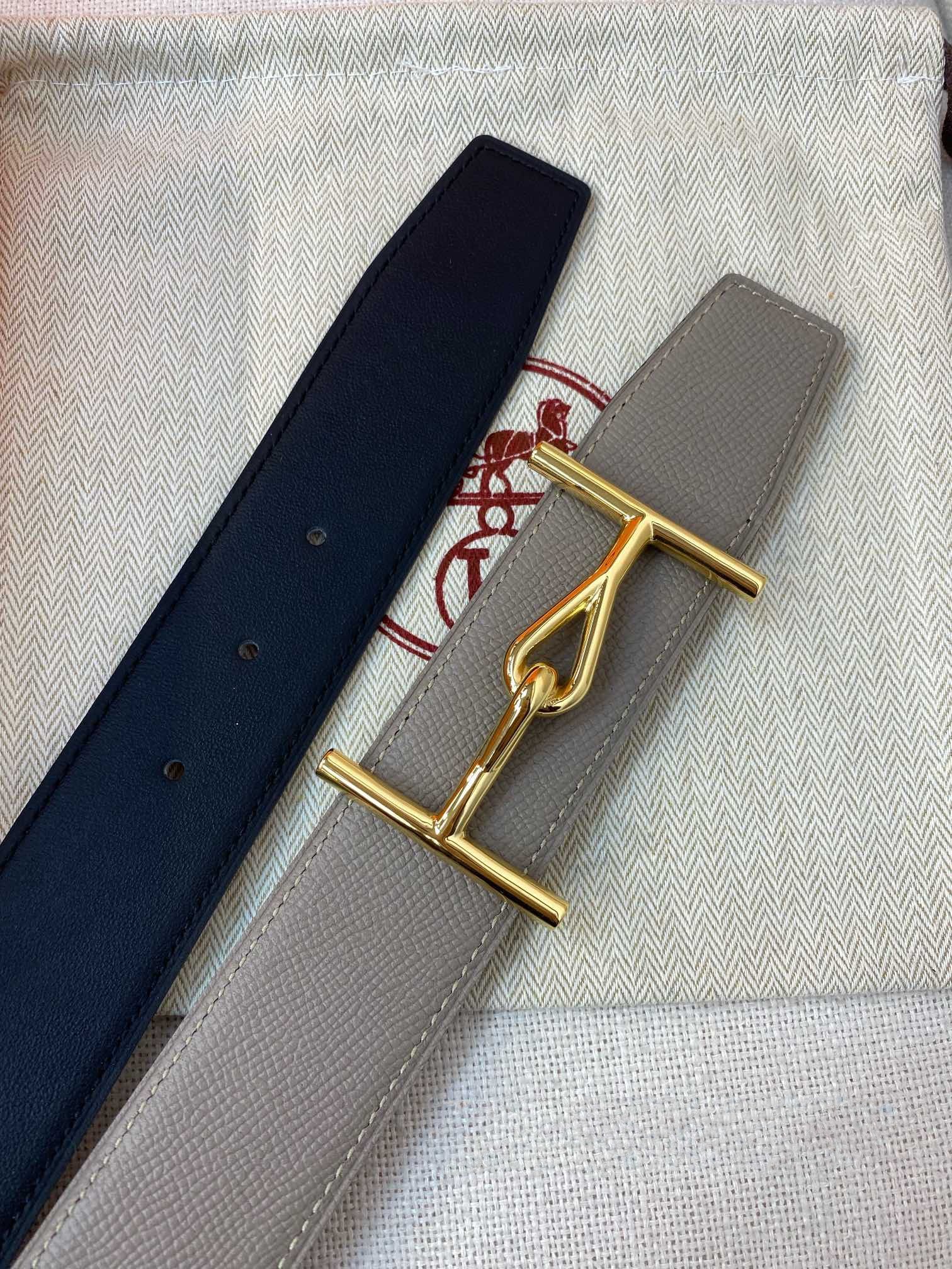 H JUMBO BELT 40MM GOLD BUCKLE BLACK TAUPE  LEATHER