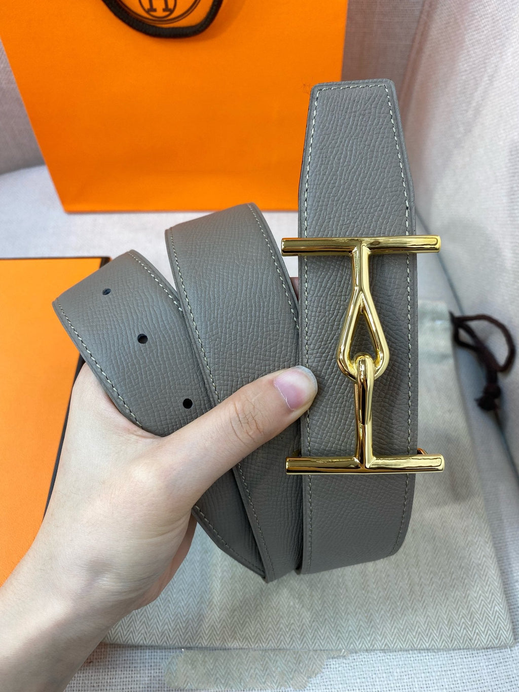 H JUMBO BELT 40MM GOLD BUCKLE BLACK TAUPE  LEATHER