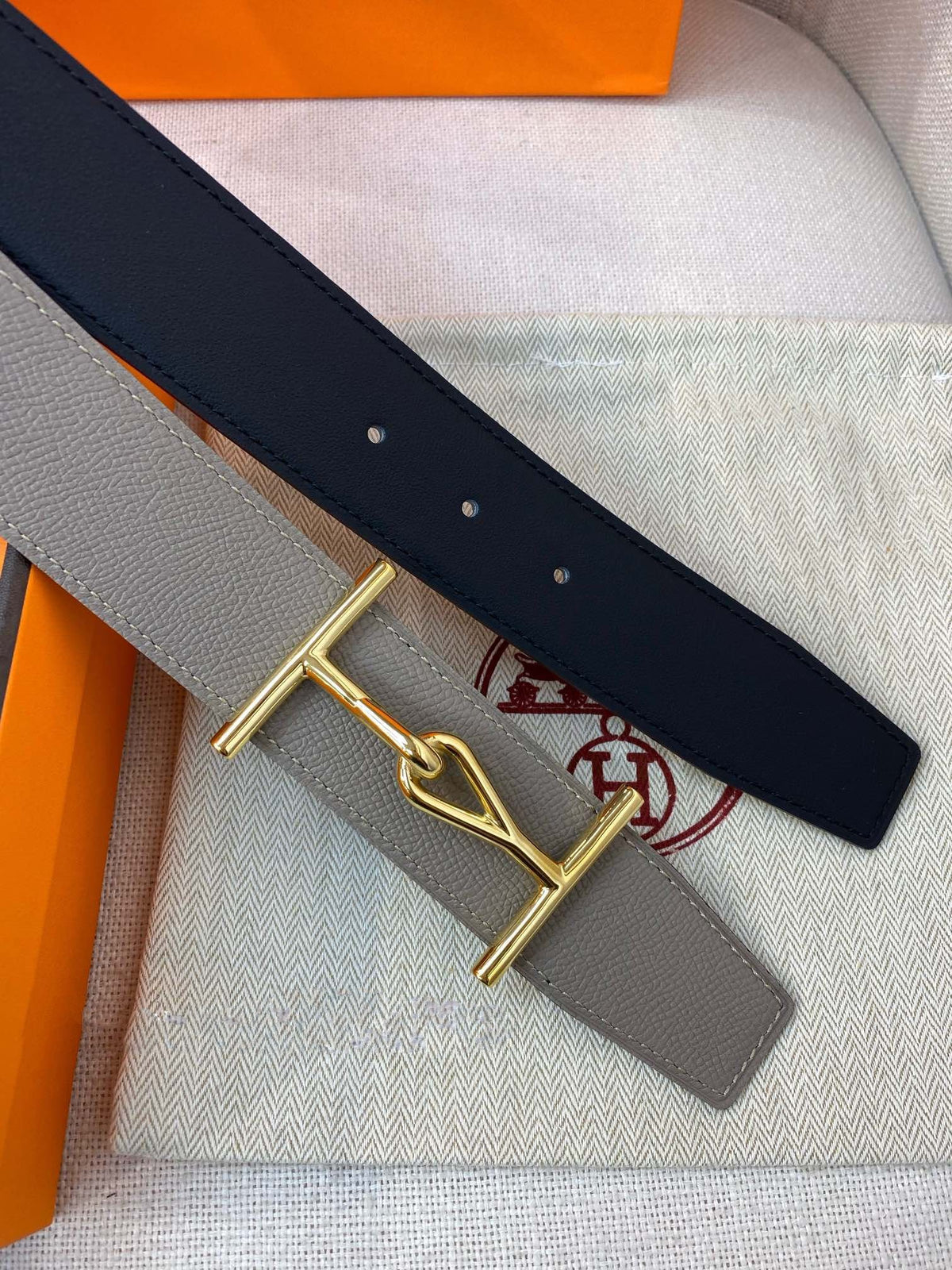 H JUMBO BELT 40MM GOLD BUCKLE BLACK TAUPE  LEATHER