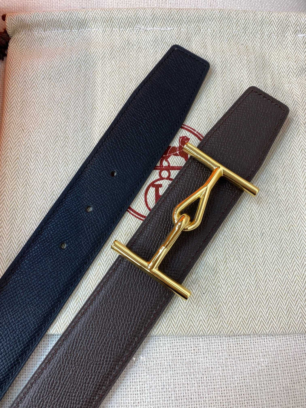 H JUMBO BELT 38MM GOLD BUCKLE DARK TAUPE BLACK LEATHER