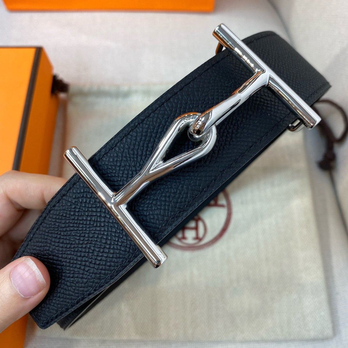 H JUMBO BELT 38MM SILVER BUCKLE  BLACK LEATHER