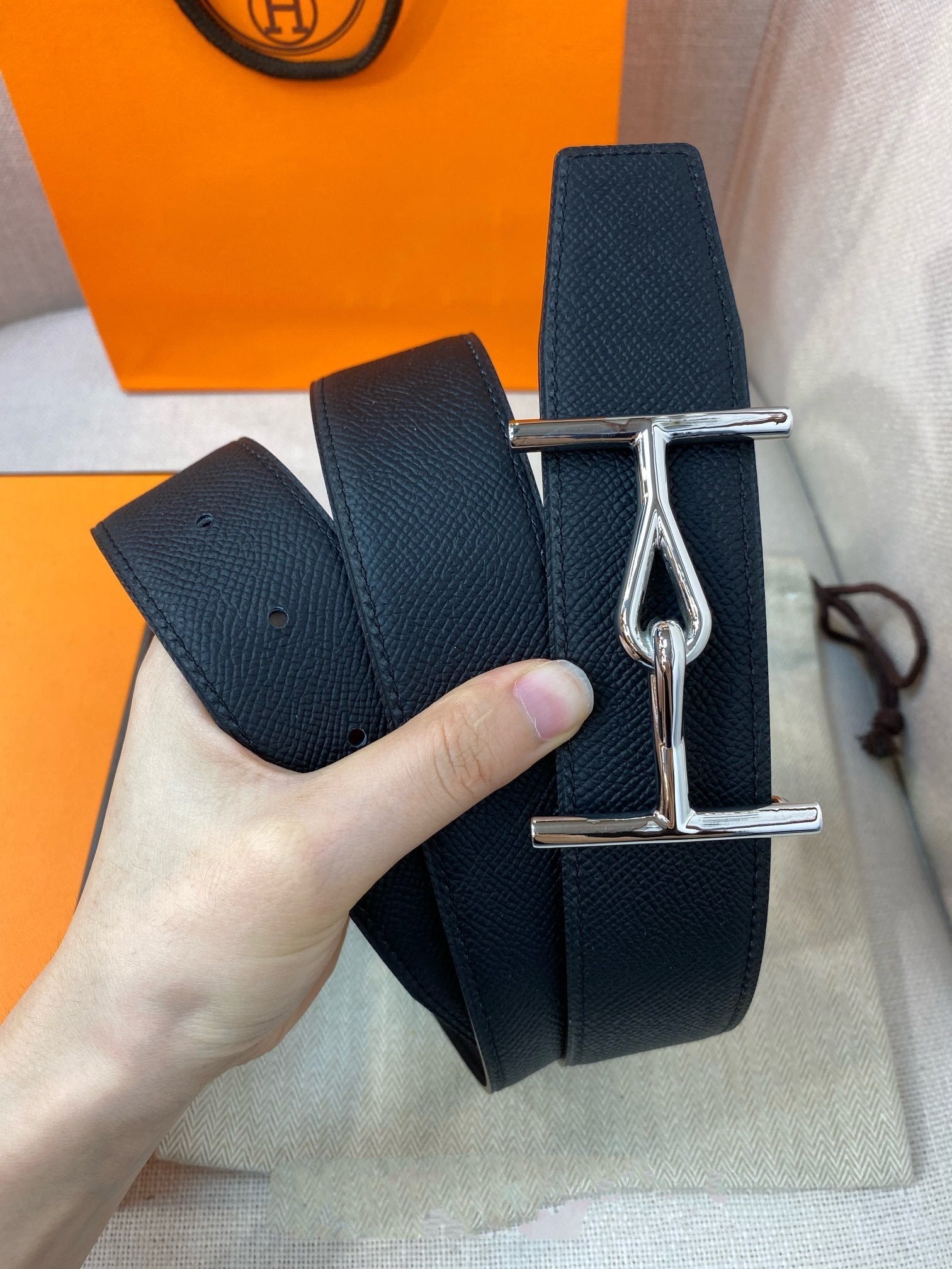 H JUMBO BELT 38MM SILVER BUCKLE  BLACK LEATHER