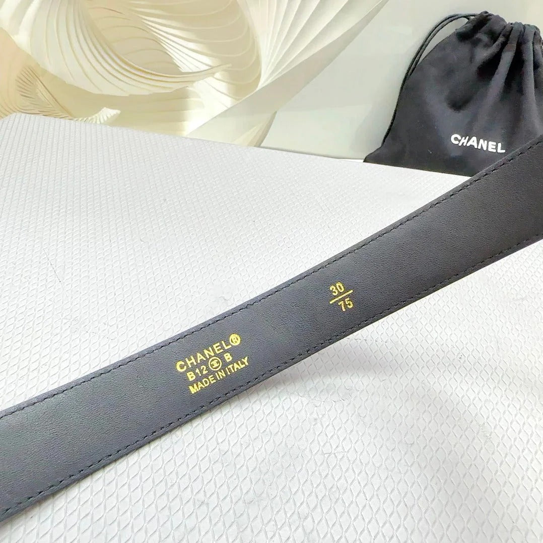 CC BELT 30 MM BLACK CALFSKIN WITH BLACK MIX WHITE LOGO