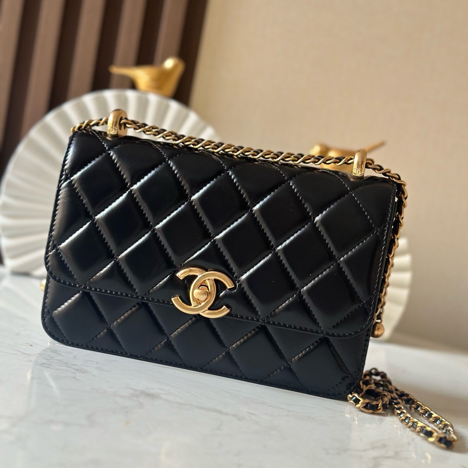 CC Wallet With Strap 22cm Black Quited Lambskin 286330