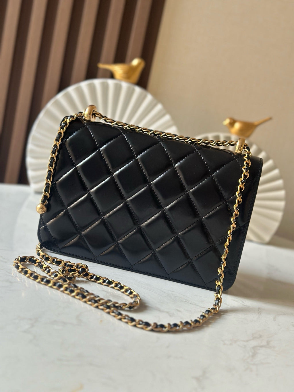 CC Wallet With Strap 22cm Black Quited Lambskin 286330