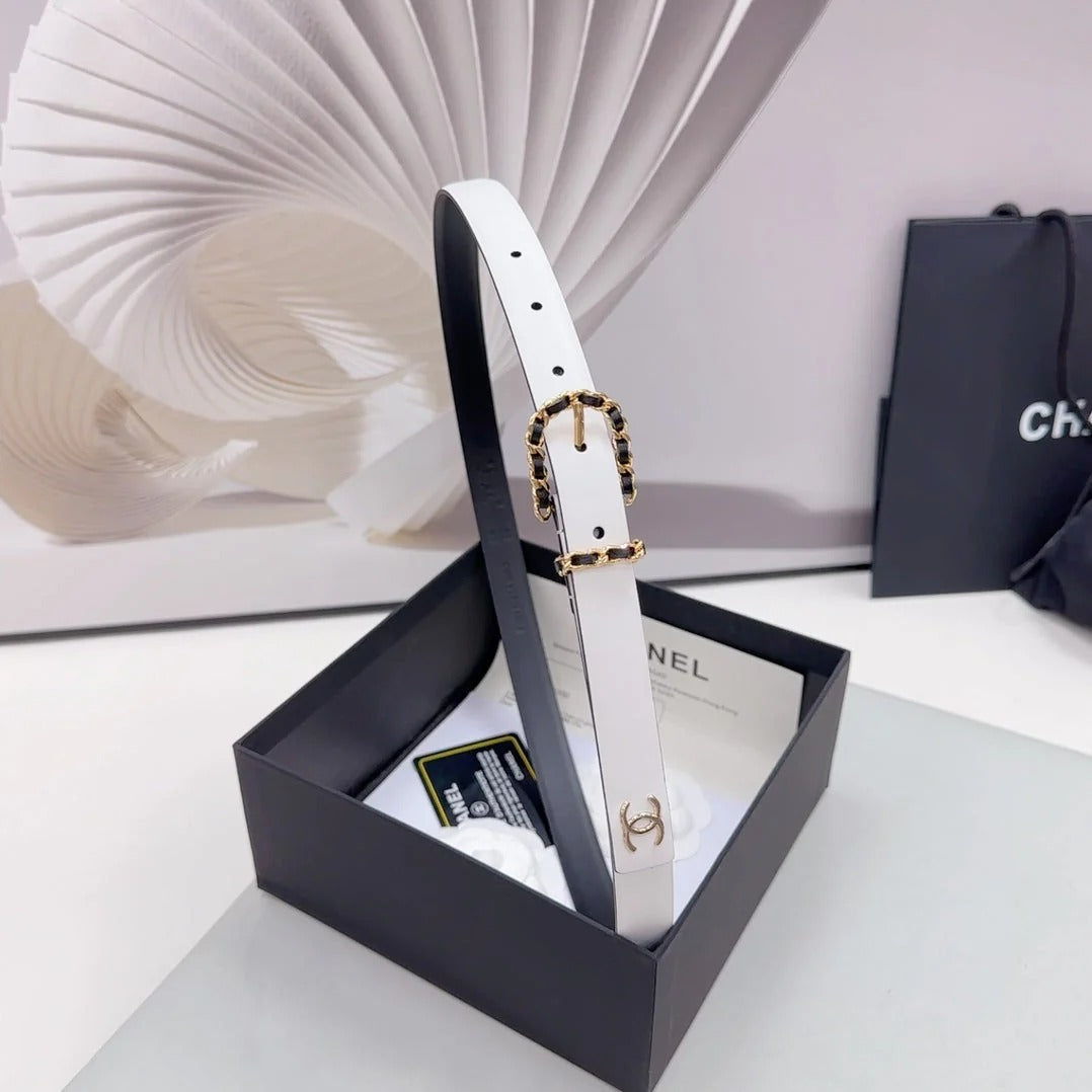 CC BELT 20 MM IN WHITE MIX BLACK CALFSKIN GOLD HARDWARE