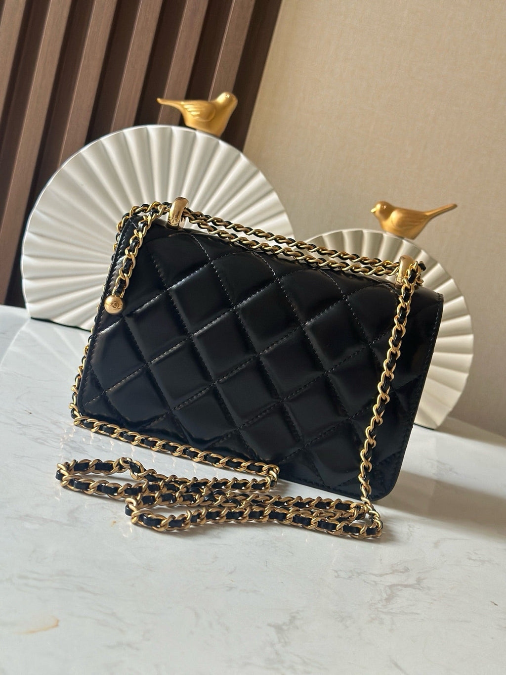CC Wallet With Strap 19cm Black Quited Lambskin 286331