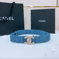 DOUBLE C ELASTIC BELT 30MM IN BLUE DENIM WITH GOLD BUCKLE AND SIDE RHINESTONE DETAILING