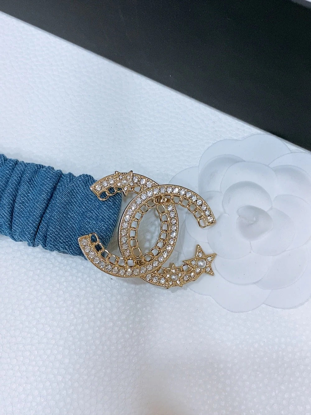 DOUBLE C ELASTIC BELT 30MM IN BLUE DENIM GOLD CRYSTAL STAR EMBELLISHED BUCKLE