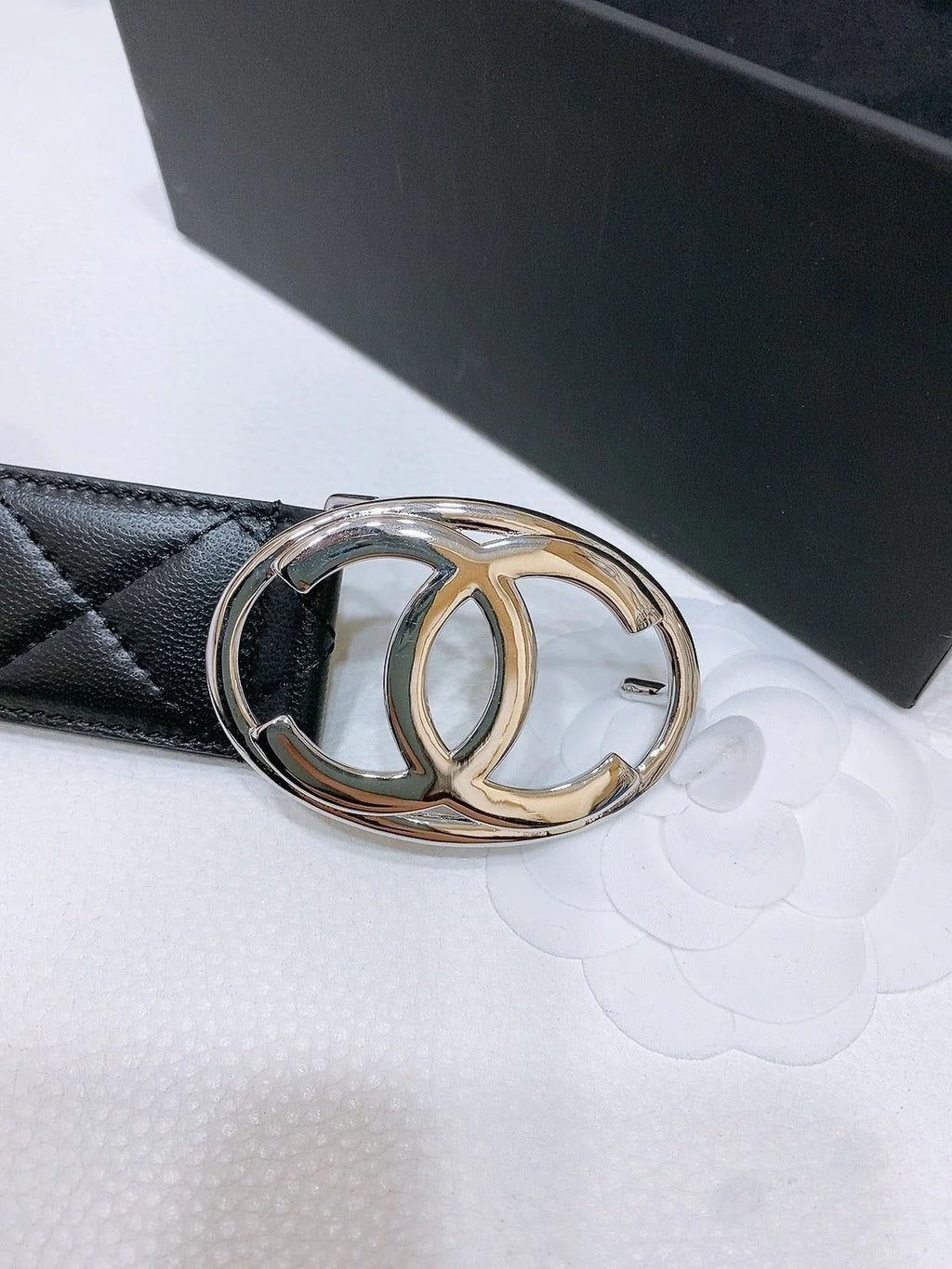 DOUBLE C BELT 38MM IN BLACK QUILTED LAMBSKIN WITH SILVER OVAL BUCKLE AND CENTERED LOGO