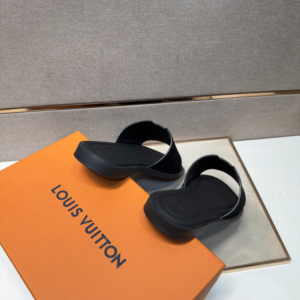 Louis Vuitton Men's All Black Suede Slide Sandals