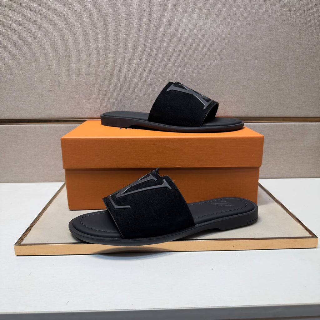 Louis Vuitton Men's All Black Suede Slide Sandals