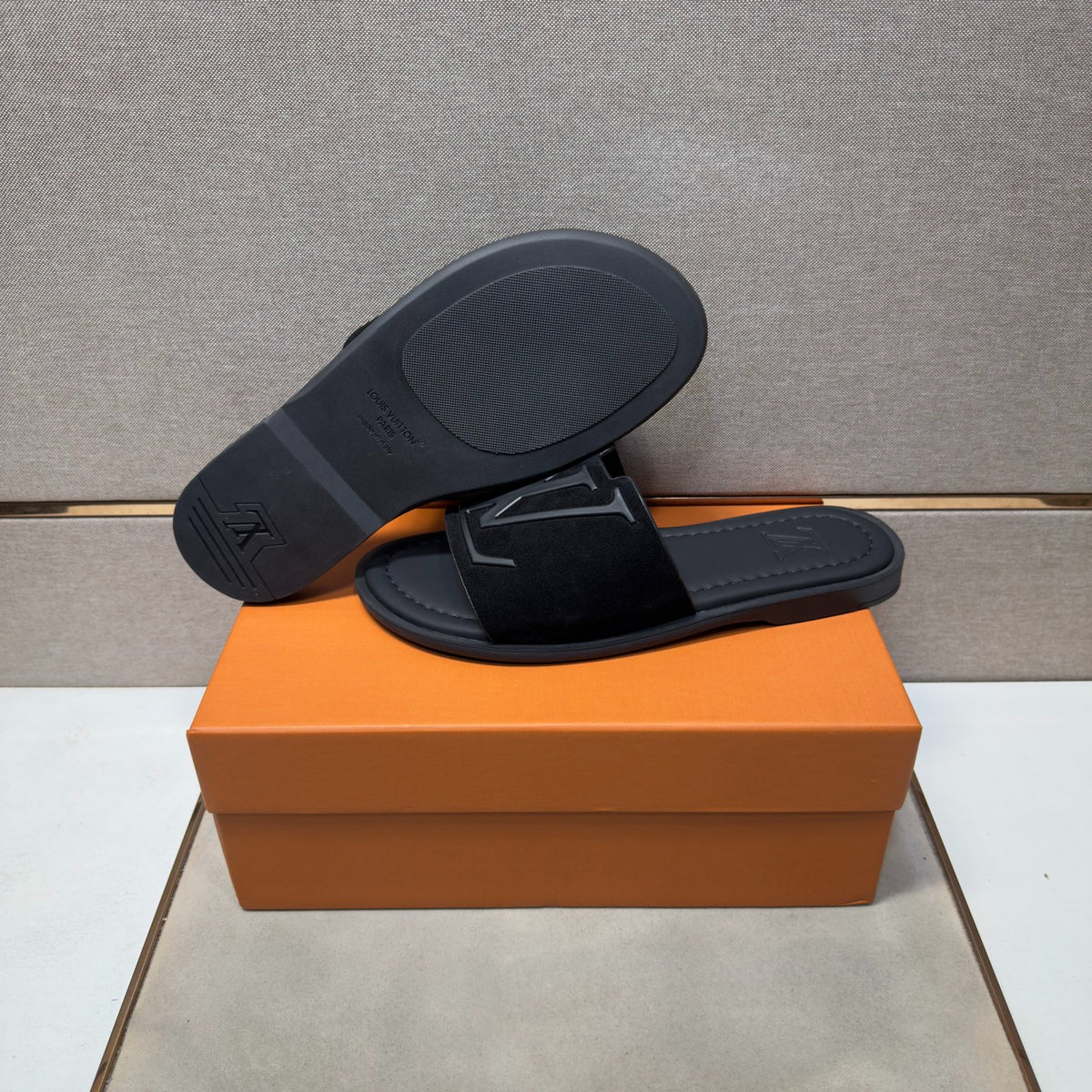 Louis Vuitton Men's All Black Suede Slide Sandals