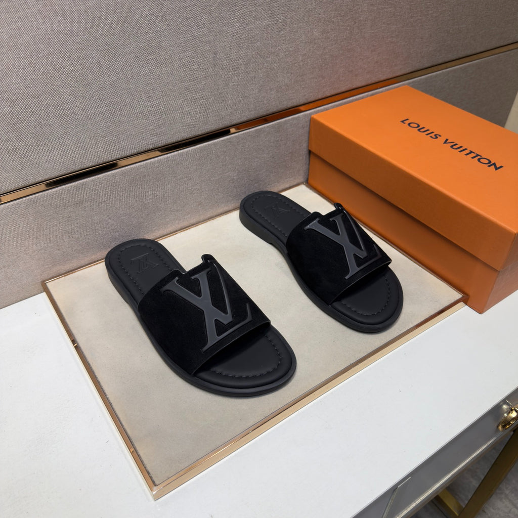 Louis Vuitton Men's All Black Suede Slide Sandals