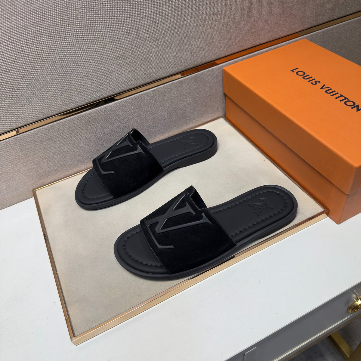 Louis Vuitton Men's All Black Suede Slide Sandals