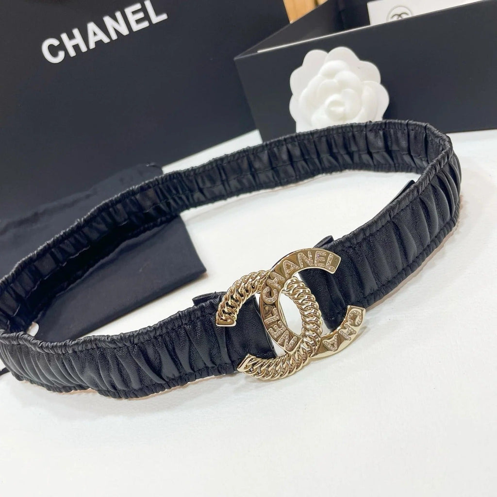 DOUBLE C ELASTIC BELT 30MM IN BLACK CALFSKIN GOLD CRYSTAL EMBELLISHED BUCKLE