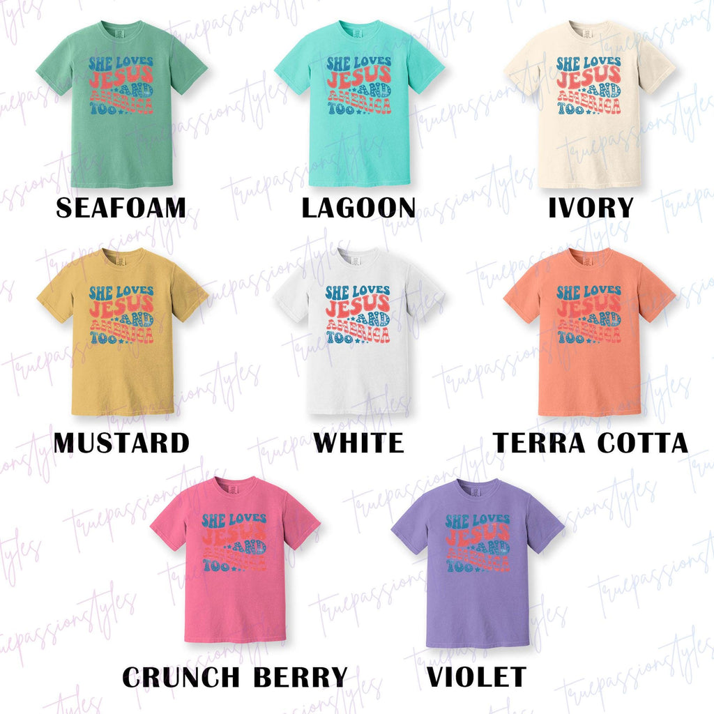 Comfort Colors® Retro USA Shirt, Patriotic Christian TShirt, Independence Day Tee, She Loves Jesus And America Too, 4th of July Shirt S00623