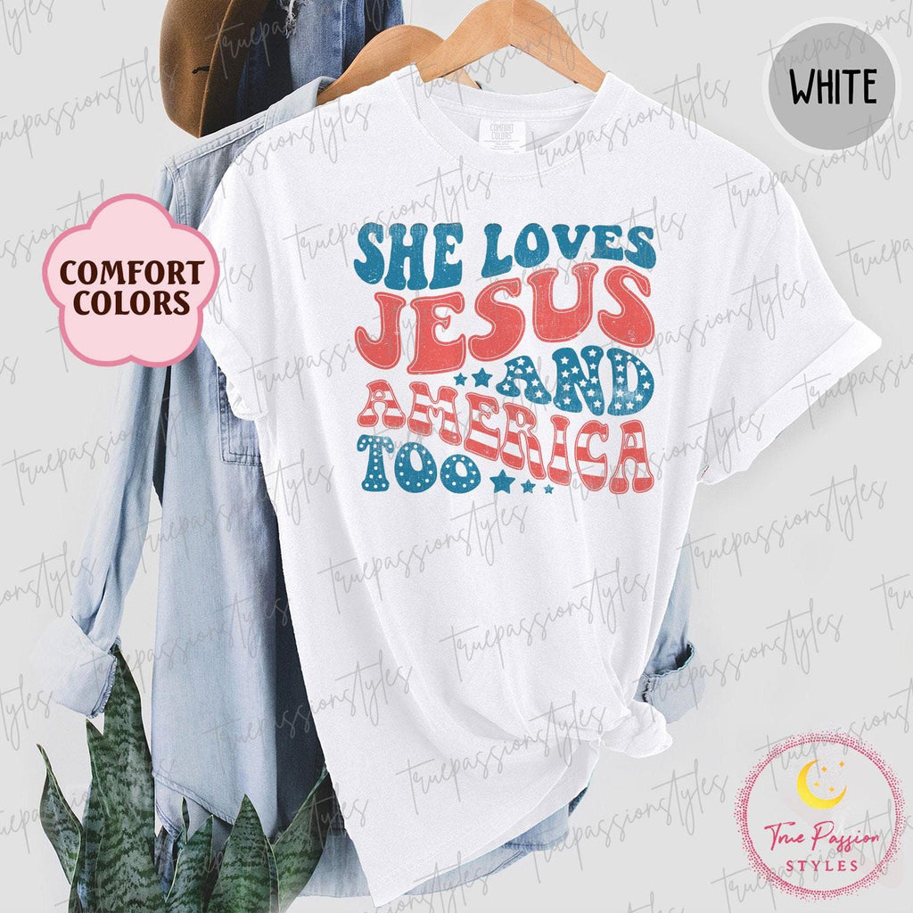 Comfort Colors® Retro USA Shirt, Patriotic Christian TShirt, Independence Day Tee, She Loves Jesus And America Too, 4th of July Shirt S00623
