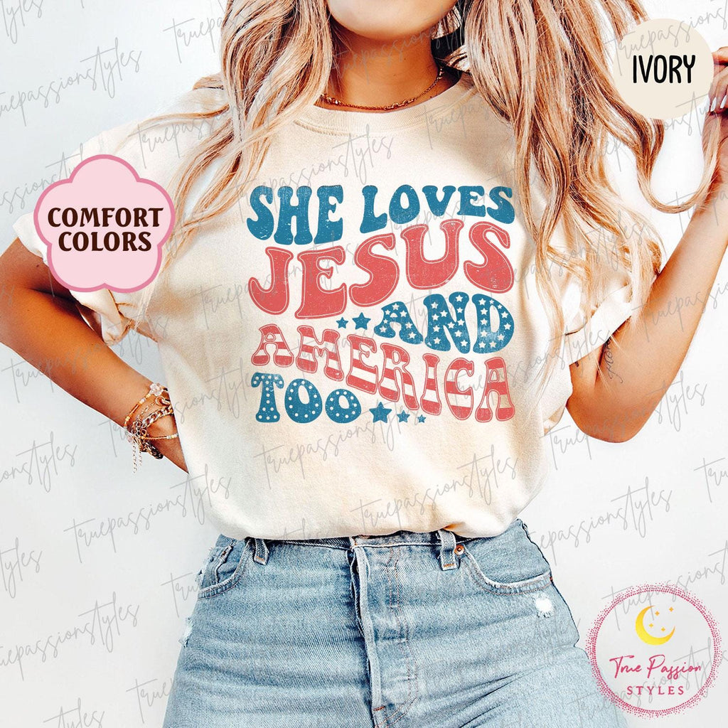 Comfort Colors® Retro USA Shirt, Patriotic Christian TShirt, Independence Day Tee, She Loves Jesus And America Too, 4th of July Shirt S00623