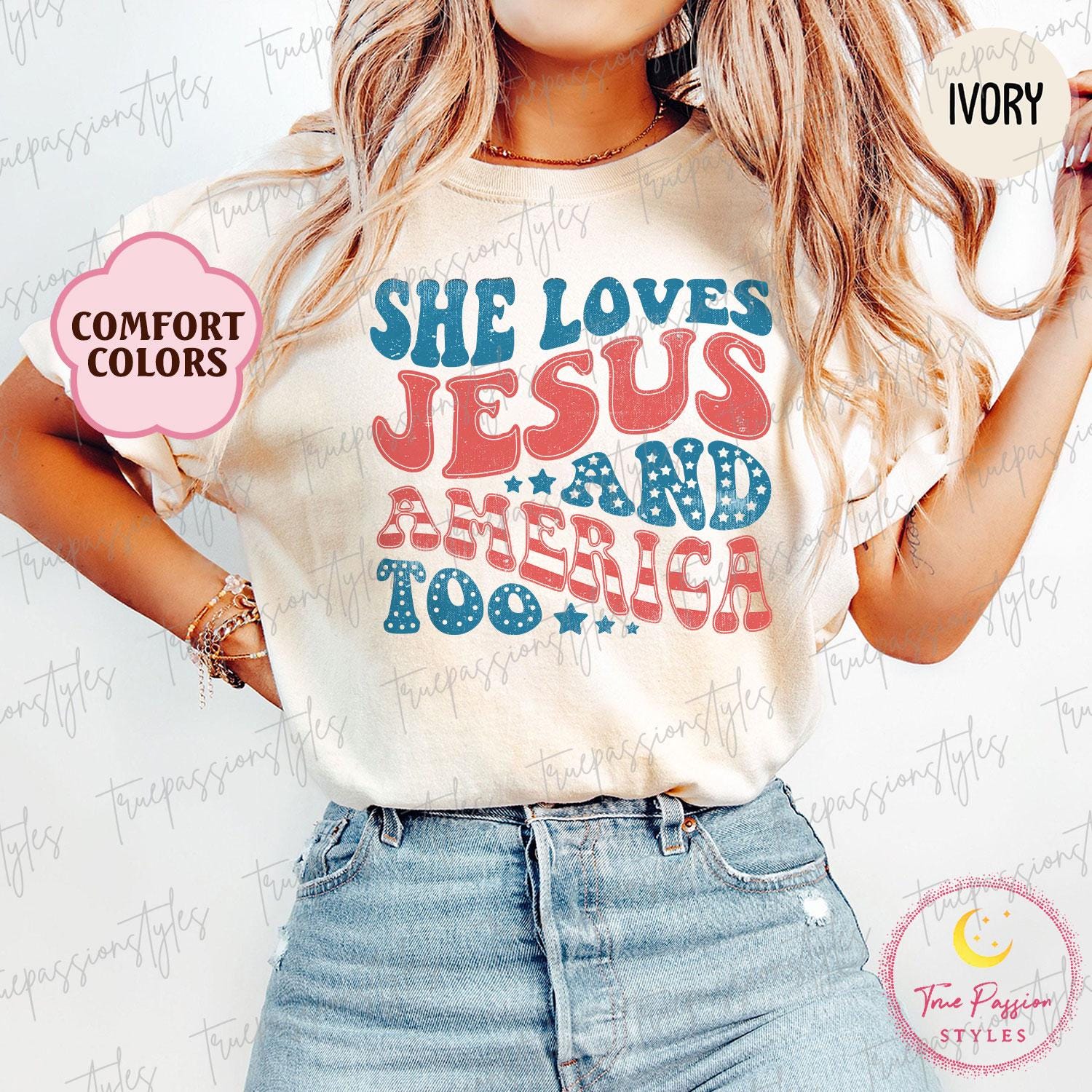 Comfort Colors® Retro USA Shirt, Patriotic Christian TShirt, Independence Day Tee, She Loves Jesus And America Too, 4th of July Shirt S00623