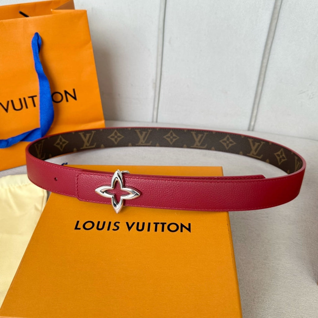 LV Flowergram 30mm Reversible Belt Silver Buckle Burgundy Brown Leather