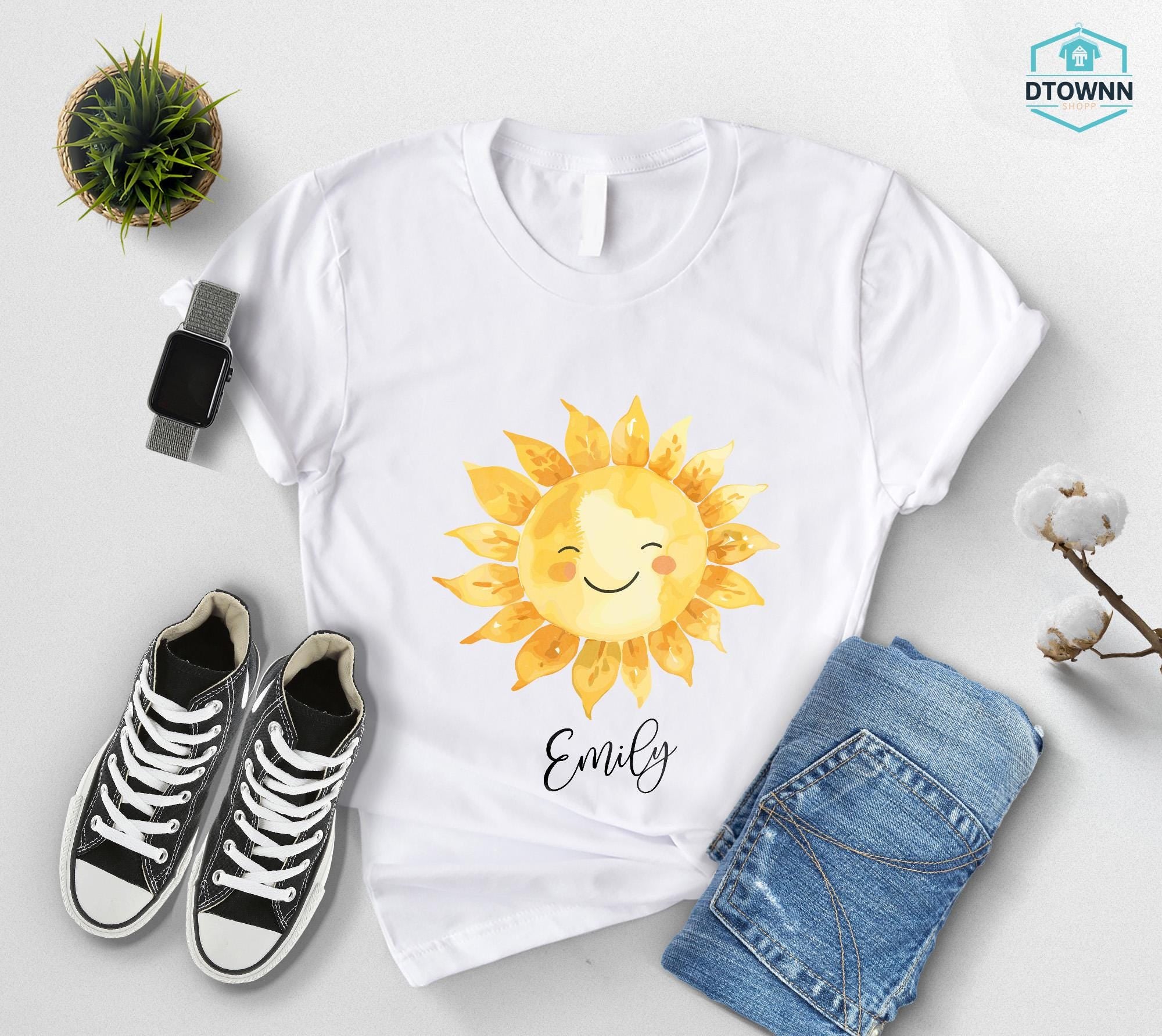 Personalized Happy Sun Tee, Custom Name Sunshine Shirt, Boho Summer Vibes Tshirt, Cute Sun Graphic Top, Morning Sun Outfit, Gift For Her