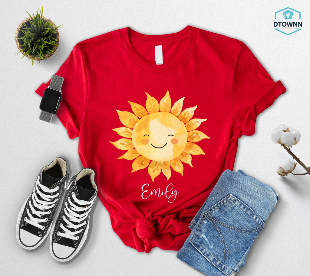 Personalized Happy Sun Tee, Custom Name Sunshine Shirt, Boho Summer Vibes Tshirt, Cute Sun Graphic Top, Morning Sun Outfit, Gift For Her