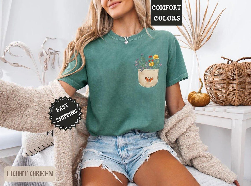 Comfort Colors® Wild Flowers Pocket Shirt, Wildflower Tshirt, Floral Shirt, Botanical Shirt, Flower Shirt, Nature Lover Shirt, Ladies Shirts