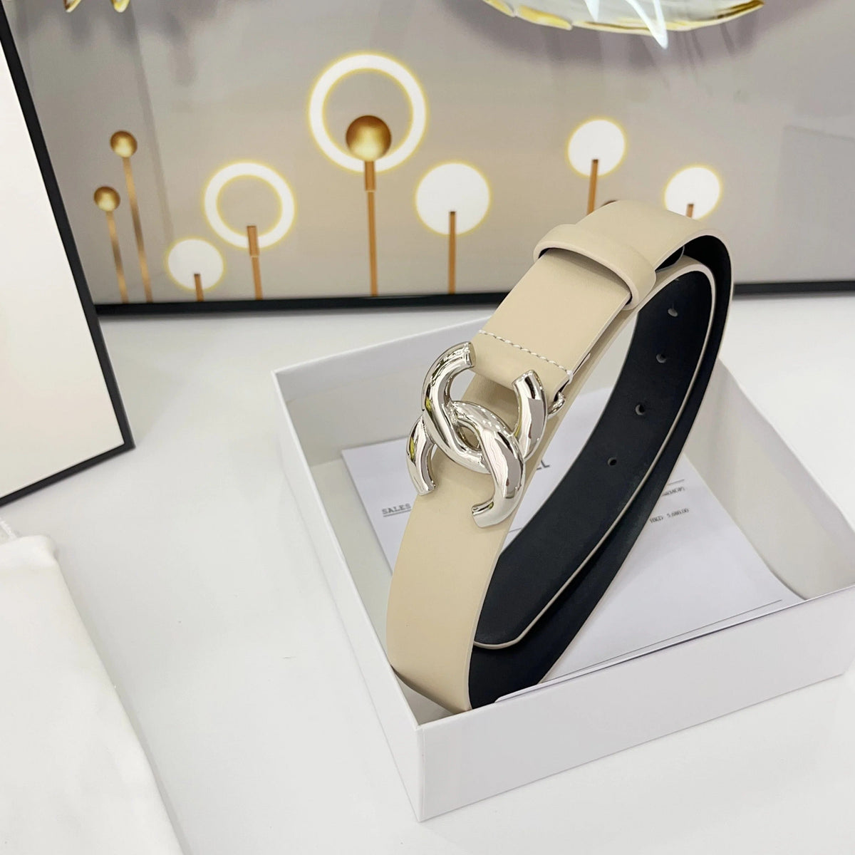 DOUBLE C BELT 30MM IN BEIGE CALFSKIN WITH SHINY SILVER BUCKLE