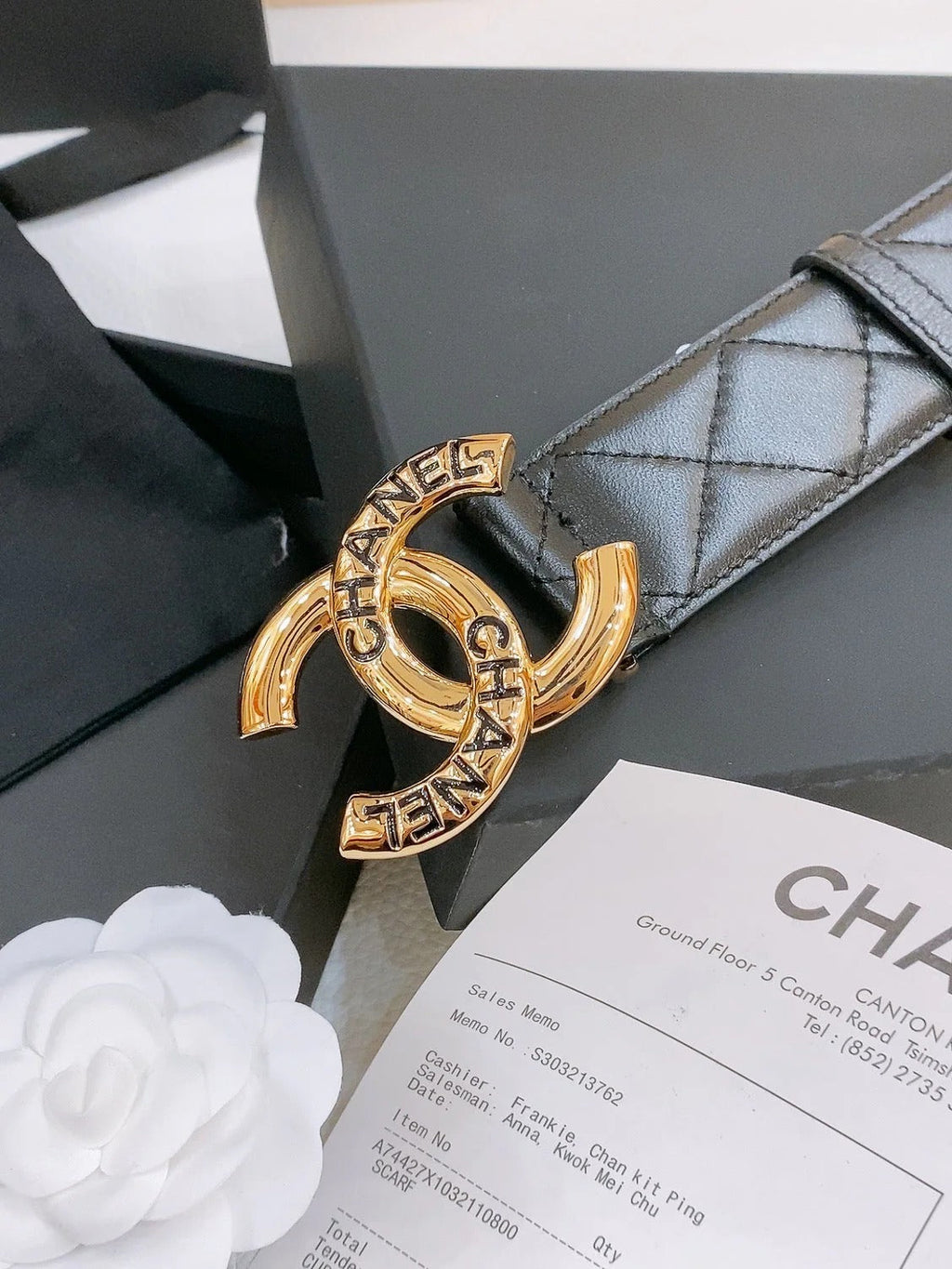 DOUBLE C BELT 40MM IN BLACK QUILTED LAMBSKIN GOLD BUCKLE EMBOSSED LOGO